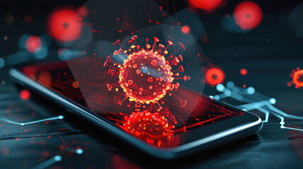 Coronavirus concept. Smartphone with a red virus on the screen . - obrazy, fototapety, plakaty