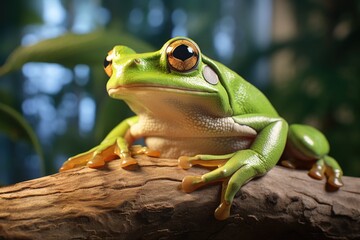A green frog perched on a tree branch. Suitable for nature and wildlife themes