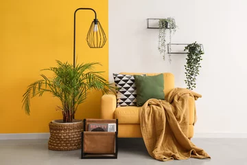 Peel and stick wall murals Graffiti collage Interior of stylish living room with armchair, plants and lamp