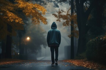 A person wearing a hoodie walking along a road. Suitable for various themes