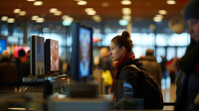 A facial identification process at an airport security checkpoint, focused on a traveler's face with a screen showing the scanning process. Biometric face scan identity security technology concept. - Powered by Adobe