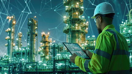 Double exposure of Engineer or Technician man working with tablet computer in oil refinery industry plant at night. Energy and Technology concept .