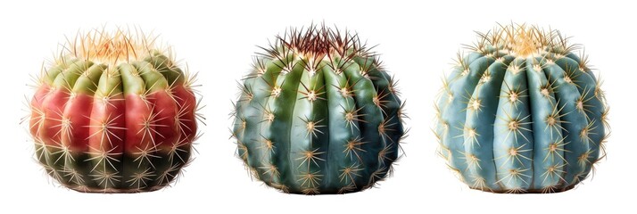 Three colorful cactus with spines on a white background.