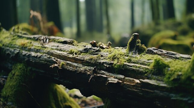 A moss covered log in a serene forest setting. Perfect for nature and outdoor themed designs