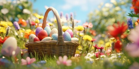 Colorful Easter eggs in a blooming field, perfect for spring celebrations