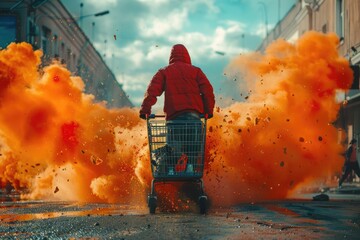 A fiery cloud of pollution fills the sky as a person in a red jacket, reminiscent of a firefighter, pushes a shopping cart through the streets, creating an explosion of color and chaos in this outdoo - obrazy, fototapety, plakaty