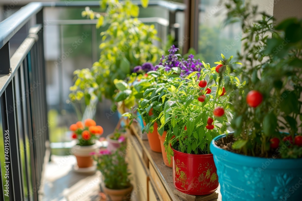 Aufkleber a serene balcony adorned with a line of vibrant potted plants basking in the sunlight, creating a mi