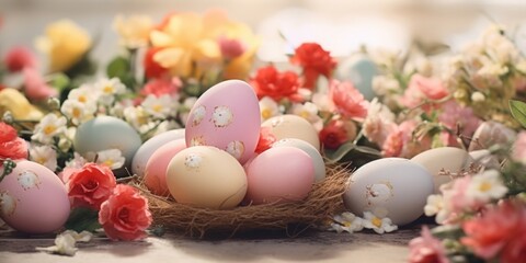 A bunch of eggs sitting on top of a nest. Perfect for Easter or farm-themed designs - Powered by Adobe