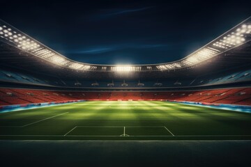A deserted soccer stadium illuminated by bright lights. Ideal for sports events promotion