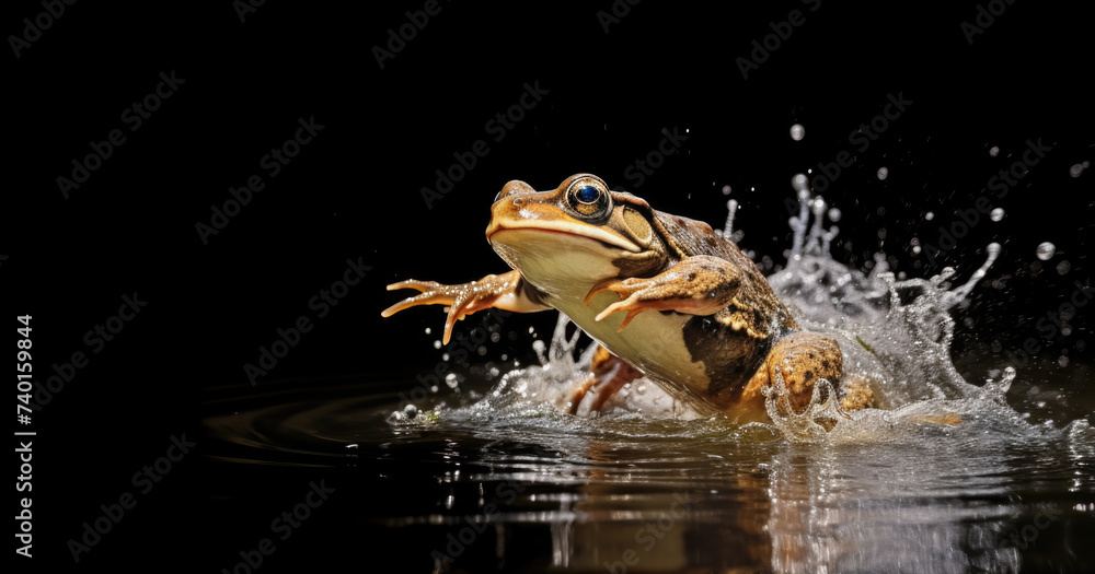 Poster a frog splashes water in a pond. suitable for nature and wildlife concepts