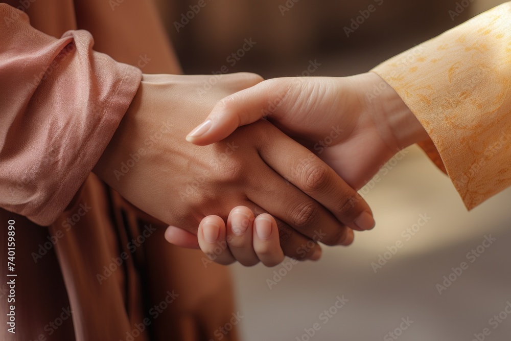 Poster A close-up image of two people holding hands. Can be used to symbolize unity or friendship