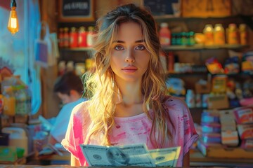 A stylish woman confidently struts through the bustling city streets, her flowing hair framing her determined face as she holds a paper with her latest shopping finds from a trendy indoor store