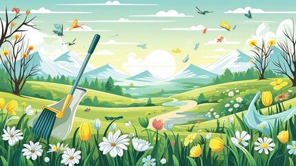 A tranquil garden scene with a shovel and colorful flowers. Ideal for gardening or nature-themed designs
