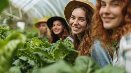 Portrait of happy young women looking at camera while standing in greenhouse
