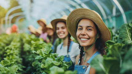 Portrait of happy young woman in straw hat and apron looking at camera and smiling while standing among green vegetables in greenhouse - Powered by Adobe