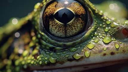 Detailed close up of a frog's eye with water droplets, perfect for nature or biology concepts - Powered by Adobe