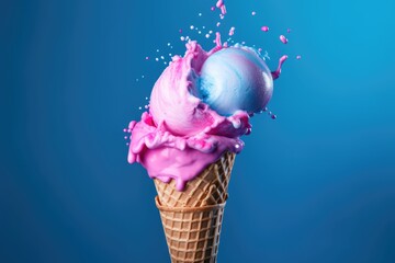 Playful and vibrant explosion of pink and blue ice cream melting over the edge of a waffle cone against a blue background - obrazy, fototapety, plakaty