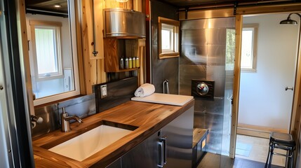 Tiny Home interior with bathroom, bedroom and kitchen. 