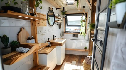Tiny Home interior with bathroom, bedroom and kitchen. 