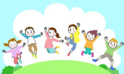 Obraz na płótnie Canvas イラスト素材：外で元気いっぱいにジャンプする子供たち　6人