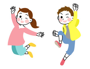 イラスト素材：元気いっぱいにジャンプする子供たち　2人