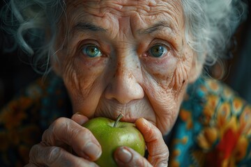 A weathered face, lined with age and experience, savors the sweetness of a crisp apple in the warm glow of the sun - obrazy, fototapety, plakaty