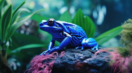 A blue frog sitting on top of a rock. Suitable for nature and wildlife concepts