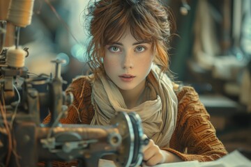 Obraz na płótnie Canvas A young woman with a face adorned with freckles sits at an indoor table, her hair cascading over her scarf as she gazes intently at the intricate machine before her, a portrait of curiosity and deter