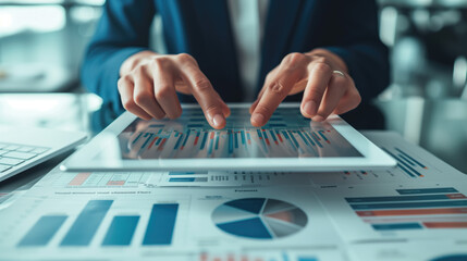 A business professional analyzes financial charts and data on a tablet over documents on a desk.
