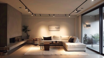A minimalist living room with Scandinavian style track lighting illuminating the space without cluttering it
