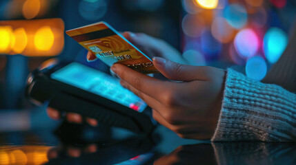 Close-up of woman using credit card for online shopping at night