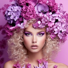 A portrait of a woman with flowers intricately woven into her hair, creating a whimsical and enchanting look
