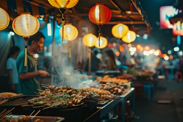 Sizzling street food market at night Bustling with people and illuminated by colorful lanterns Showcasing diverse cuisines and the vibrant culture of street food. - obrazy, fototapety, plakaty