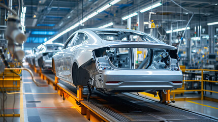 A vehicle stands on the production line within a factory, undergoing assembly with precision and care - obrazy, fototapety, plakaty