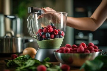 Close up of a hand adding fresh raspberries and blueberries to a blender for a healthy homemade smoothie