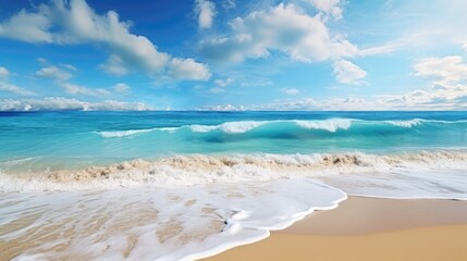 Fototapeta na wymiar Bright sunny yellow sand beach travel background. Beautiful turquoise sea.