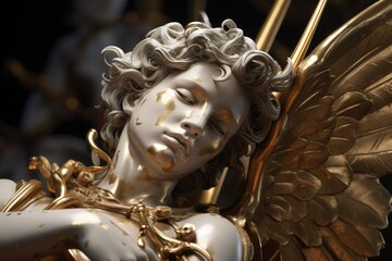A statue of an angel with gold paint. Ideal for religious themes or decorative purposes