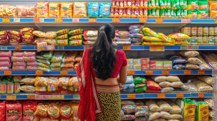 Indian woman makes purchases in a supermarket among shelves of goods. Looks at goods on supermarket shelves