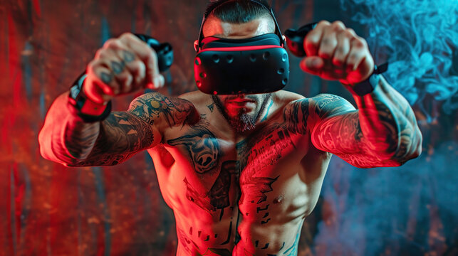 Muscular tattooed man flexes his arms during virtual reality immersion, red neon backlight. Sports training, reboot in virtual reality, immersion in modern technology