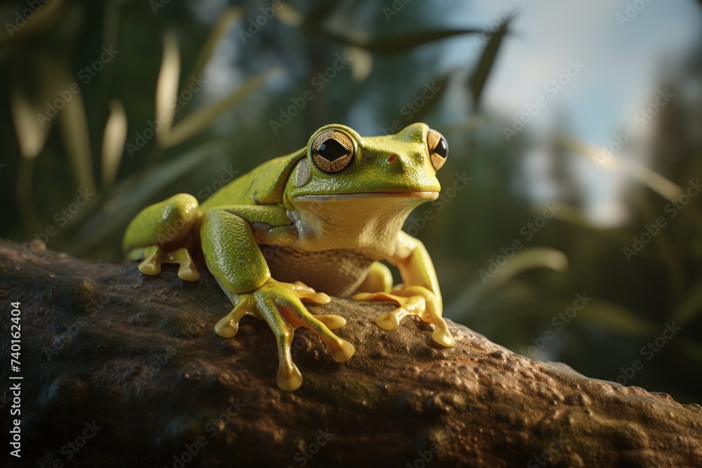 Poster A frog perched on a tree branch. Suitable for nature and wildlife concepts