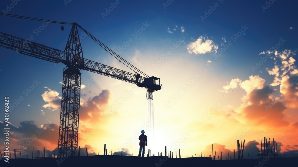 Poster A man standing on top of a construction site, suitable for architecture and engineering projects