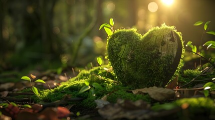 A sunlit, mossy wooden heart nestled deep within the forest's serene beauty 