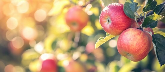 A vibrant tree limb in an apple orchard is adorned with numerous glistening and tasty red apples.