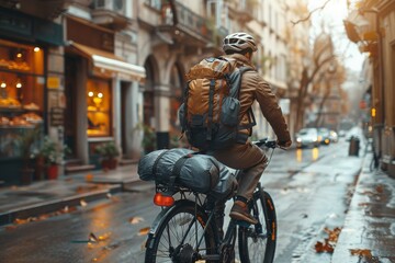 A lone cyclist navigates through the city streets, the sound of his tires against the wet pavement echoing off the buildings, his determined figure passing by a statue as he pedals towards his destin