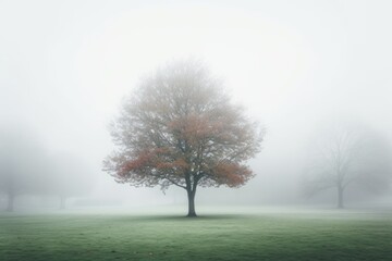 A single tree standing in a misty field. Ideal for nature and landscape themes