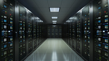 Modern data center server racks in dark room with RTX lighting and visual effects