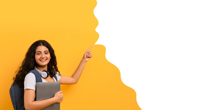 Indian lady holds laptop points to blank space bubble, collage