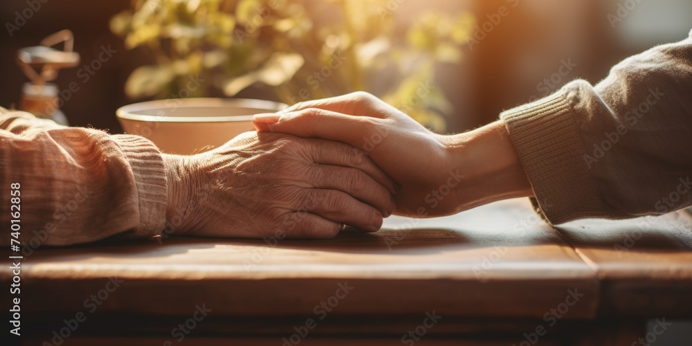 Poster Close up of two people holding hands on a table. Suitable for relationship and connection concepts