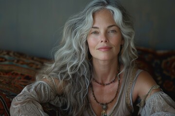 Fototapeta premium A portrait of a graceful lady with long gray hair, her delicate features framed by the soft strands as she stands against an indoor wall, exuding elegance and wisdom