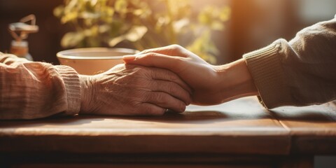 Obraz premium Close up of two people holding hands on a table. Suitable for relationship and connection concepts
